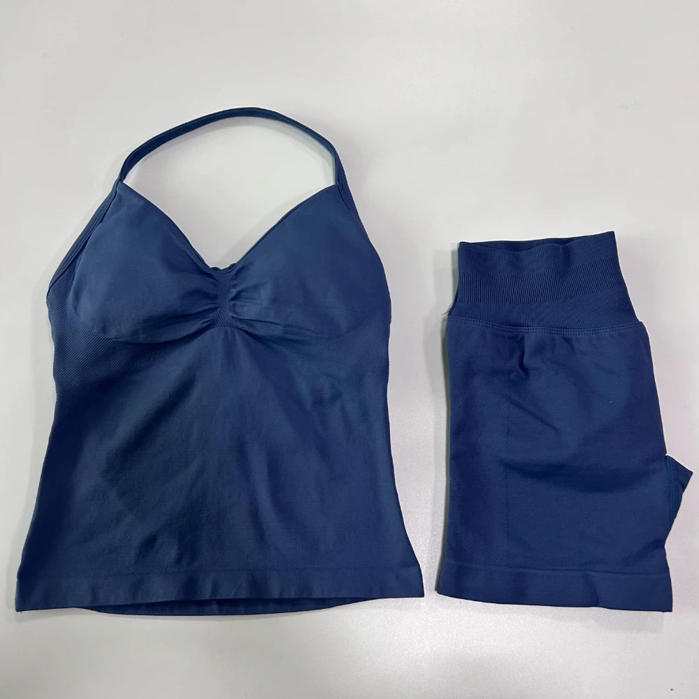2Pcs Impact Gym Set Women Backless Tank Tops High Waist Scrunch Seamless Shorts Gym Suit Fitness Clothes Activewear Workout Sets Zen fit plus