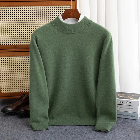 New Fashion Men's 100% Wool Pullover Half-high Collar Sweater Autumn Winter Warm Solid Color Knit Sweater Business Casual Top Zen Fit Plus