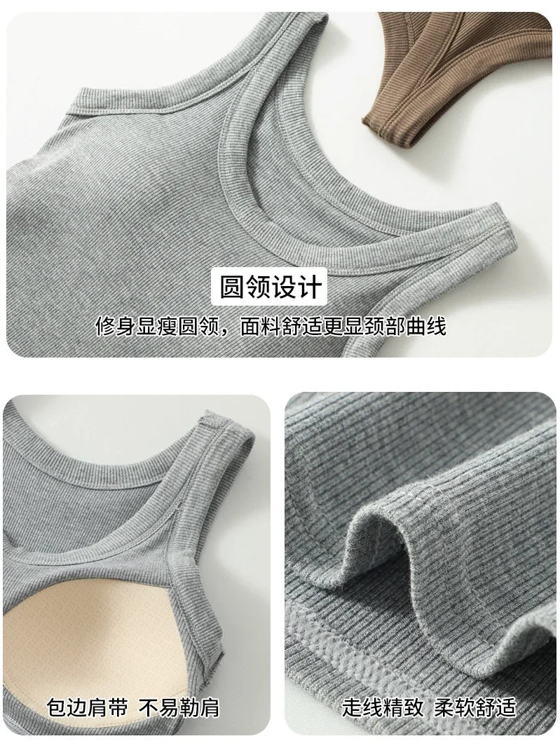 New Women Solid Round Neck Ribbed Tank Top Camisole Women Summer Basic Elastic TankTop One-piece Vest with Chest Pad Y2k Zen fit plus
