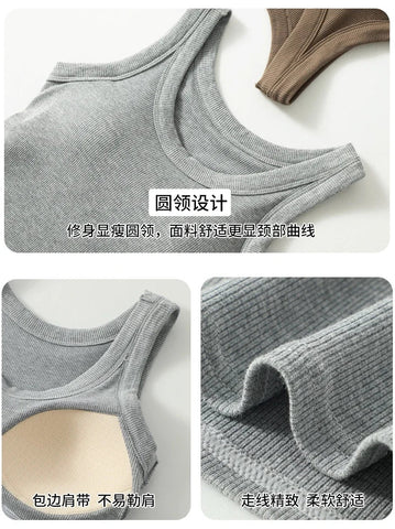 New Women Solid Round Neck Ribbed Tank Top Camisole Women Summer Basic Elastic TankTop One-piece Vest with Chest Pad Y2k Zen fit plus