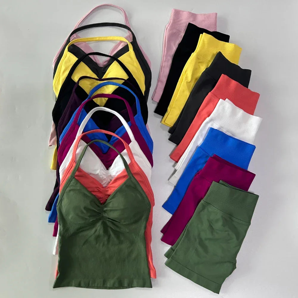 2Pcs Impact Gym Set Women Backless Tank Tops High Waist Scrunch Seamless Shorts Gym Suit Fitness Clothes Activewear Workout Sets - Zen Fit Plus