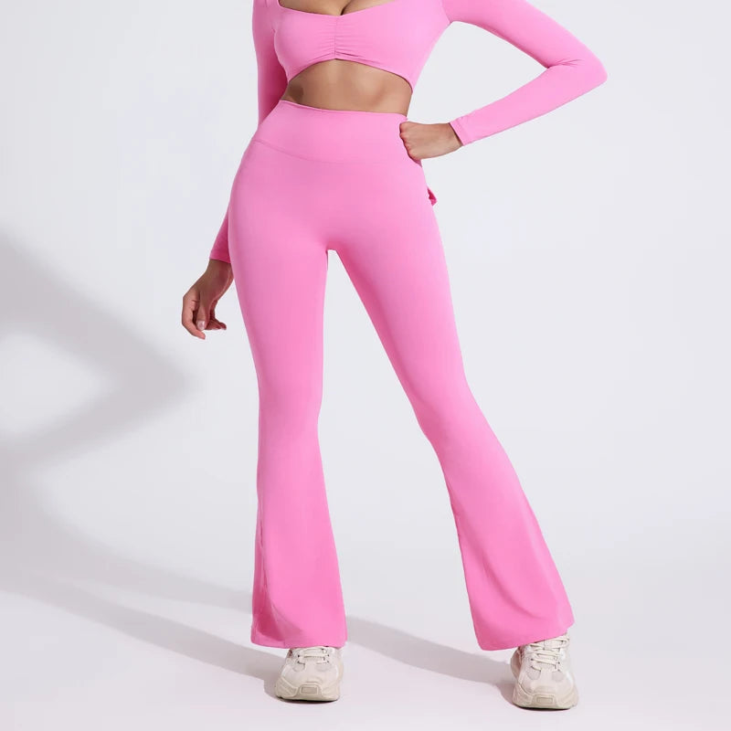 QINACTIVE Fashion Back Pocket  Flared Pants Women Tight-Fit Sexy Slim High Waist Pants Push Up Sport Fitness Flare Leggings Zen Fit Plus