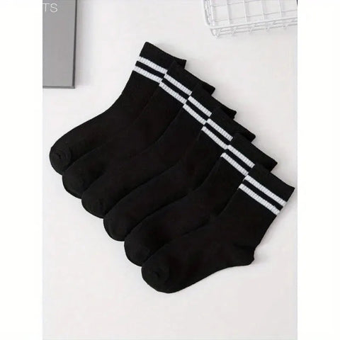 6 Pairs High Tube Mid Length Stockings Set For Men in Solid Black And White With Parallel Bars Popular and Sweat Absorption Zen fit plus