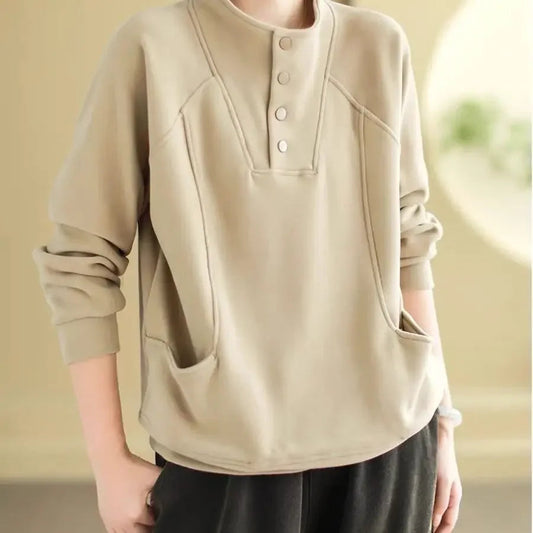 Warm Thermal Sweatshirt Women's Loose Cover-up Design Button Half High Collar Velvet Polyester Full Sleeve Casual Top Zen Fit Plus