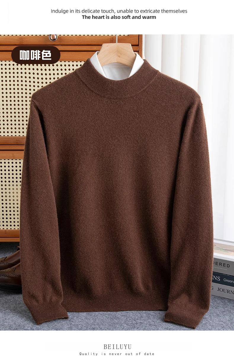 New Fashion Men's 100% Wool Pullover Half-high Collar Sweater Autumn Winter Warm Solid Color Knit Sweater Business Casual Top - Zen Fit Plus