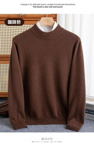New Fashion Men's 100% Wool Pullover Half-high Collar Sweater Autumn Winter Warm Solid Color Knit Sweater Business Casual Top - Zen Fit Plus