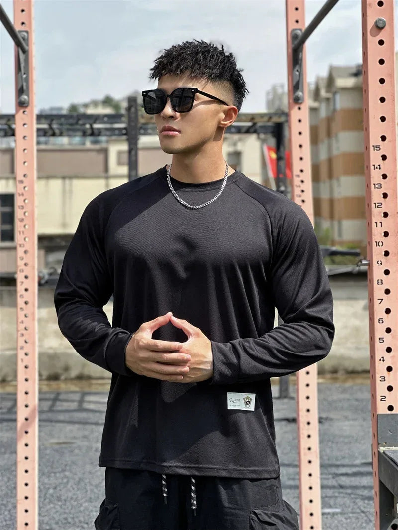 High quality Autumn men long sleeved T-shirt Fashion sport Round Collar fitness running mesh Breathability Training T-shirt men - Zen Fit Plus
