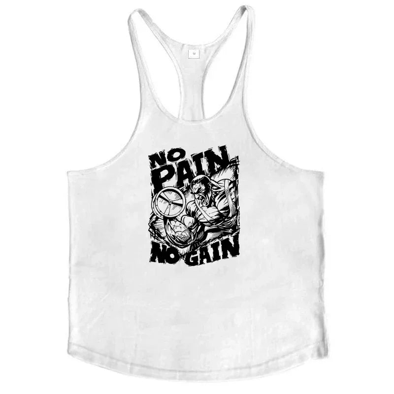 NO PAIN NO GAIN Print Gym Fitness T-Shirt Mens Bodybuilding Sport Sleeveless Vests Cotton Breathable Y-back Suspenders Tank Tops - Zen Fit Plus