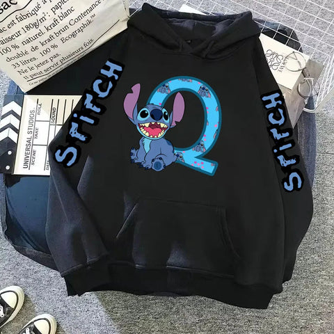 2024 Women's Winter Jacket Cute Kawaii Disney Lilo & Stitch Lucky Letter Print Black Hoodie Fashion Couple Streetwear Sportswear Zen fit plus