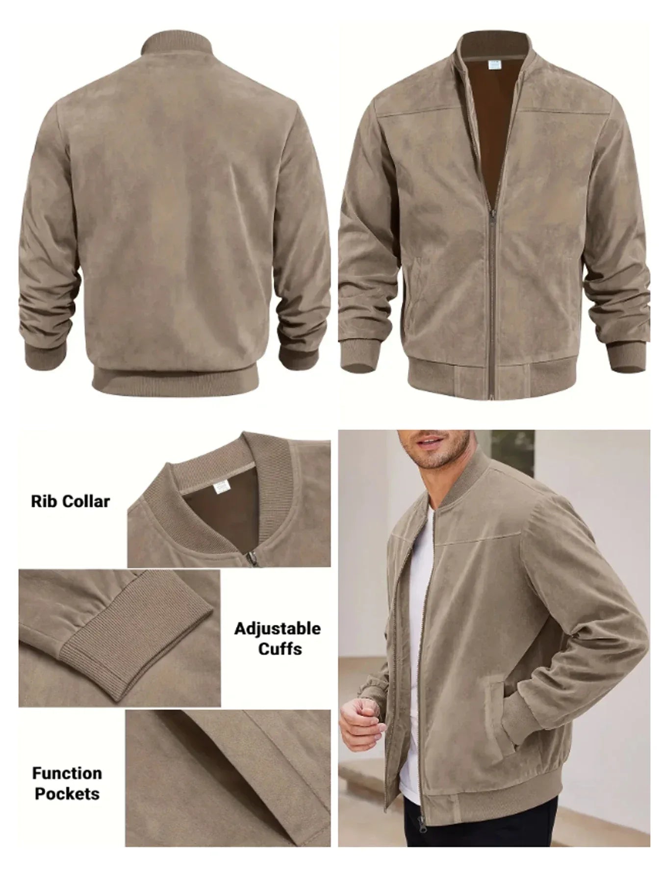 Men's suede nap fabric casual jacket Round neck zipper Solid color Sport Bomber Jacket Casual edition sports and golf fashion - Zen Fit Plus
