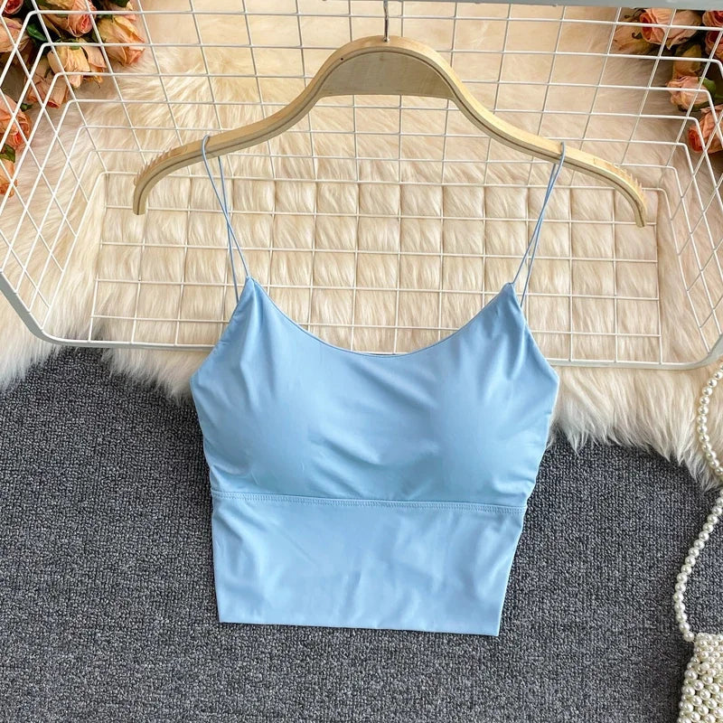 Women Crop Tops Sexy Solid Color Camisole Ice Silk Tube Top Seamless Sports Tank Top Wireless Underwear Padded Bra Bralette Vest Zen fit plus