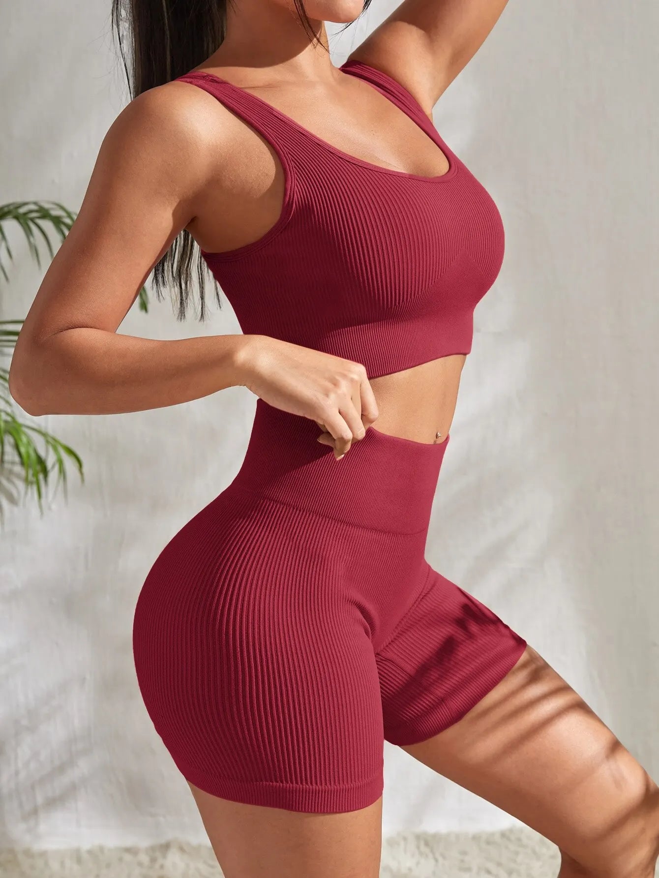 Seamless Ribbed Yoga Sets Workout Sets for Women 2 Pieces Gym Suits Ribbed Crop Tank High Waist Shorts Outfits Fitness Running Zen fit plus