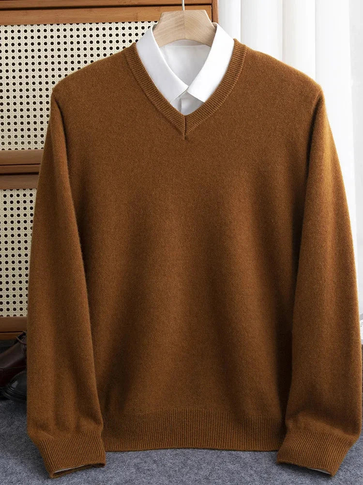 Men 100% Merino Wool Sweater V-Neck Pullover Autumn Winter Cashmere Warm Solid Knitwear Clothes Business Bottoming Soft Tops Zen Fit Plus