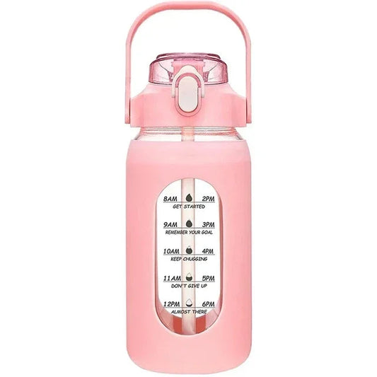 1000ML Glass Water Bottles With Straw, Glass Bottle With Silicone Sleeve And Time Marker, For Gym Camping Home Office Zen fit plus