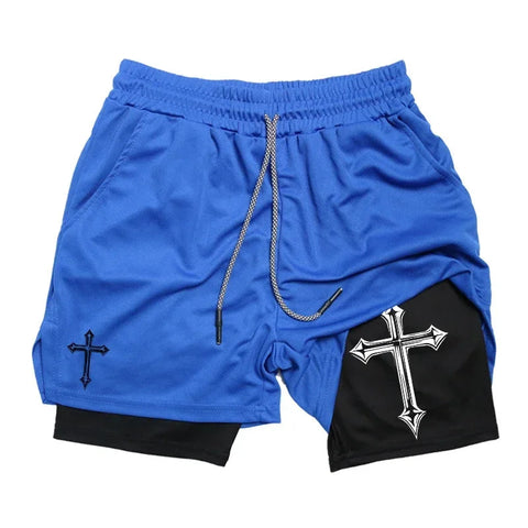 Cross Print 2 in 1 Workout Running Shorts for Men Christian Gym Athletic Shorts with Compression Liner Phone Pocket Towel Loop Zen fit plus