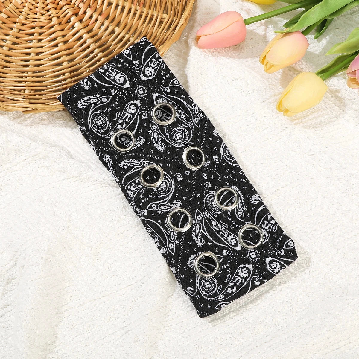 AWAYTR Punk Girl Fabric Hollow Elastic Headbands Metal Rock Personalized Hollow Eyelets Hair Band Casual Sports Grommet Headband Zen Fit Plus