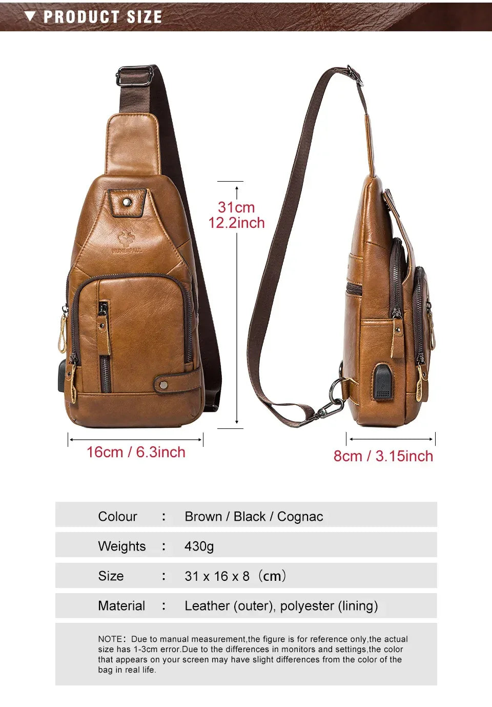 HUMERPAUL Men's Usb Chest Bag 100% Genuine Leather Crossbody Shoulder Bags Multifunction Travel Outdoor Messenger Pack Fashion - Zen Fit Plus