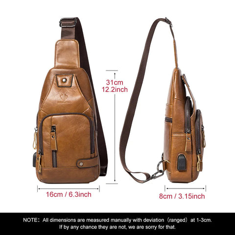 HUMERPAUL Men's Usb Chest Bag 100% Genuine Leather Crossbody Shoulder Bags Multifunction Travel Outdoor Messenger Pack Fashion Zen fit plus