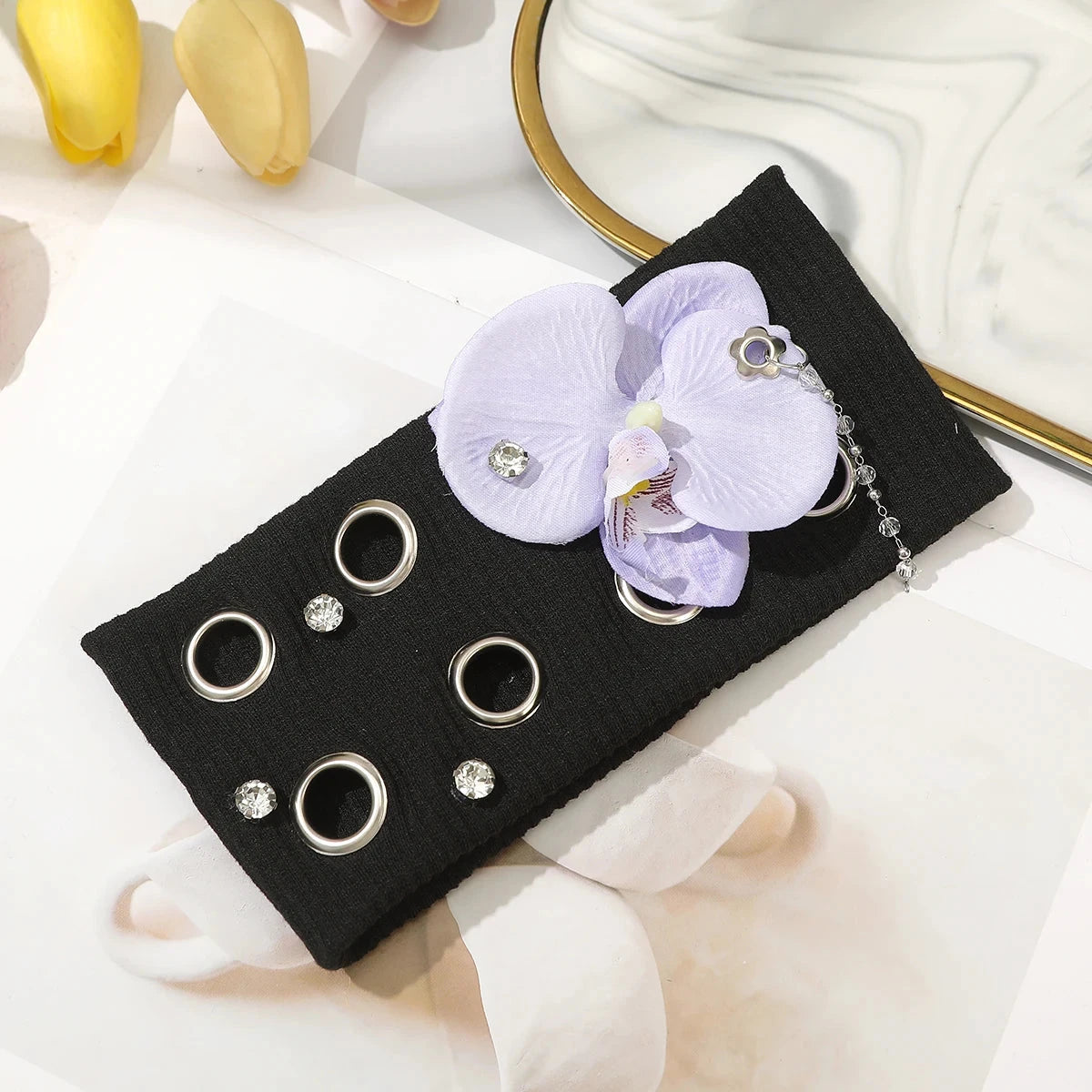 AWAYTR Punk Girl Fabric Hollow Elastic Headbands Metal Rock Personalized Hollow Eyelets Hair Band Casual Sports Grommet Headband Zen Fit Plus