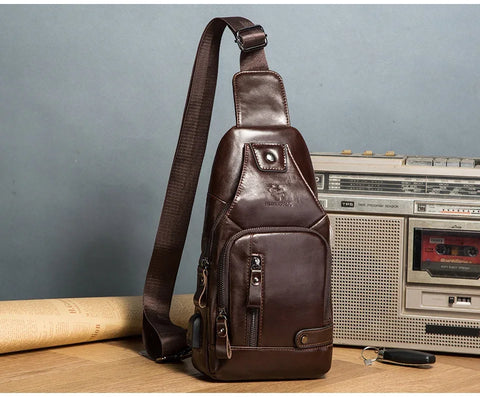 HUMERPAUL Men's Usb Chest Bag 100% Genuine Leather Crossbody Shoulder Bags Multifunction Travel Outdoor Messenger Pack Fashion - Zen Fit Plus