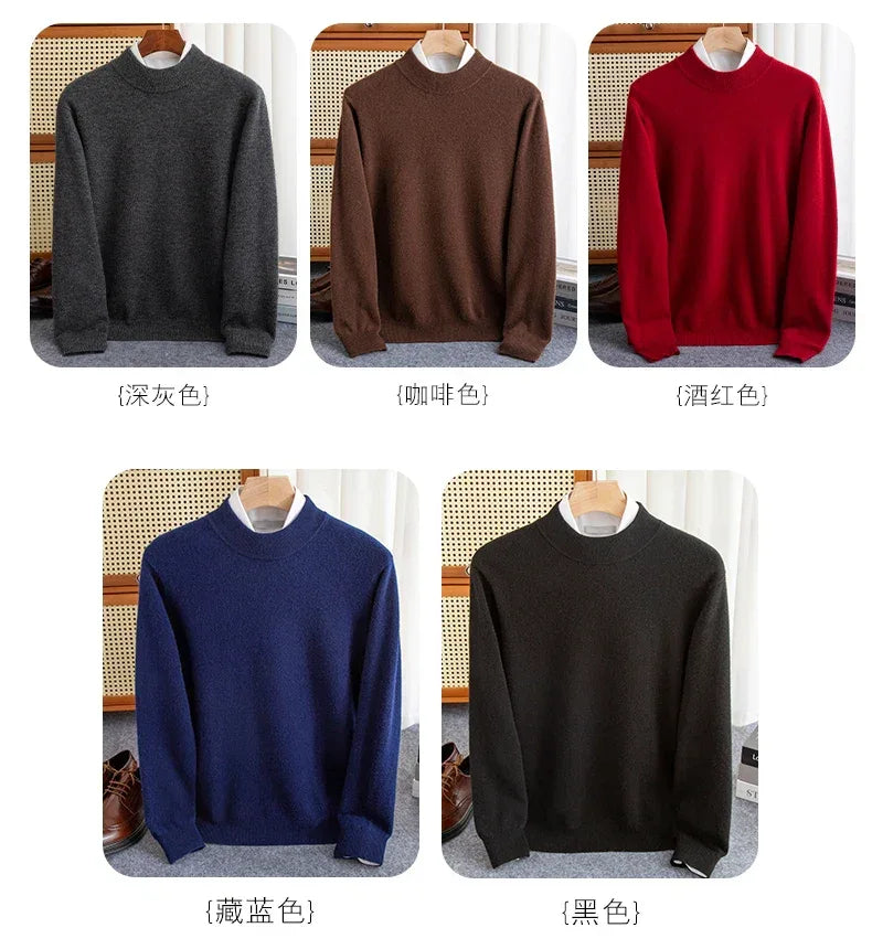 New Fashion Men's 100% Wool Pullover Half-high Collar Sweater Autumn Winter Warm Solid Color Knit Sweater Business Casual Top - Zen Fit Plus