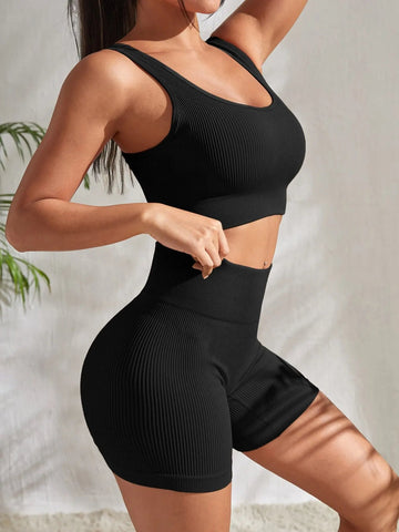 Seamless Ribbed Yoga Sets Workout Sets for Women 2 Pieces Gym Suits Ribbed Crop Tank High Waist Shorts Outfits Fitness Running Zen fit plus