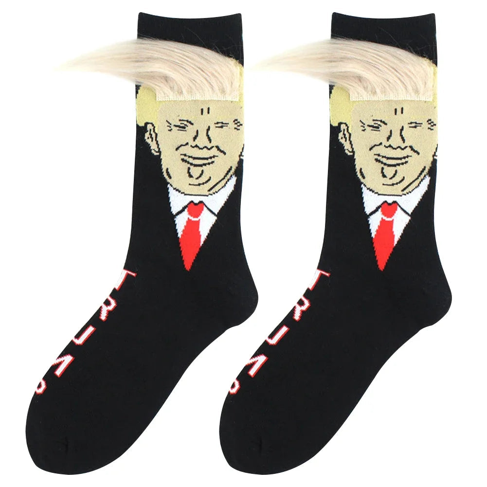 Socks Spoof Funny Donald Trump Socks With 3D Fake Hair Crew Socks Men Women Compression Socks Streetwear Hip Hop Sokken Homme Zen fit plus