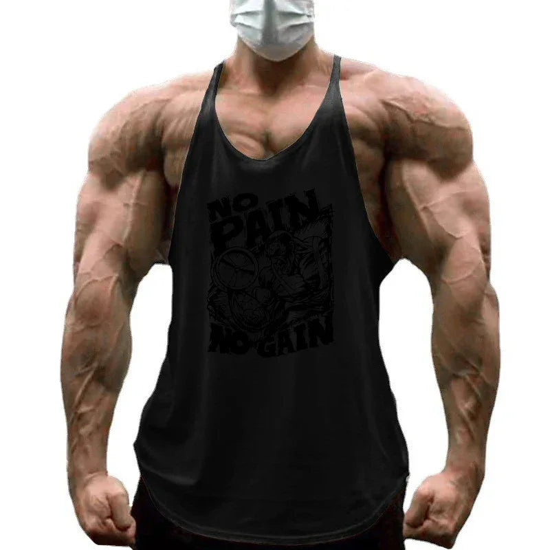 NO PAIN NO GAIN Print Gym Fitness T-Shirt Mens Bodybuilding Sport Sleeveless Vests Cotton Breathable Y-back Suspenders Tank Tops - Zen Fit Plus