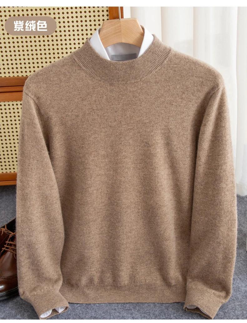 New Fashion Men's 100% Wool Pullover Half-high Collar Sweater Autumn Winter Warm Solid Color Knit Sweater Business Casual Top - Zen Fit Plus