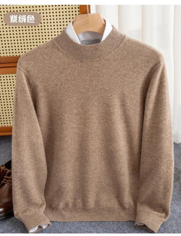New Fashion Men's 100% Wool Pullover Half-high Collar Sweater Autumn Winter Warm Solid Color Knit Sweater Business Casual Top - Zen Fit Plus
