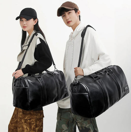 Large Sports Fitness Bag with Shoes Pocket for Men, Black Soft Leather, Big Gym Handbag, Outdoor Sports Luggage Pack, Tote Bags Zen fit plus