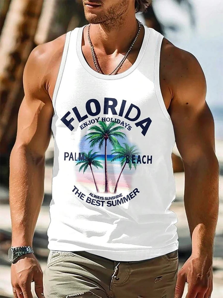 2024 New Summer Casual Men's Sleeveless T-shirt Hawaiian Style Men's Fashion Crew Neck Tank Top Outdoor Beach Men's Tank Top Zen fit plus