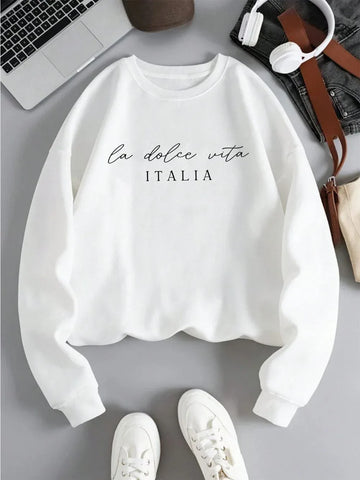 La Dolce Vita Italia Printed Womens Sweatshirt Crewneck Y2K Loose Clothing Multicolor Casual Pullover Fleece All-Match Top - Zen Fit Plus