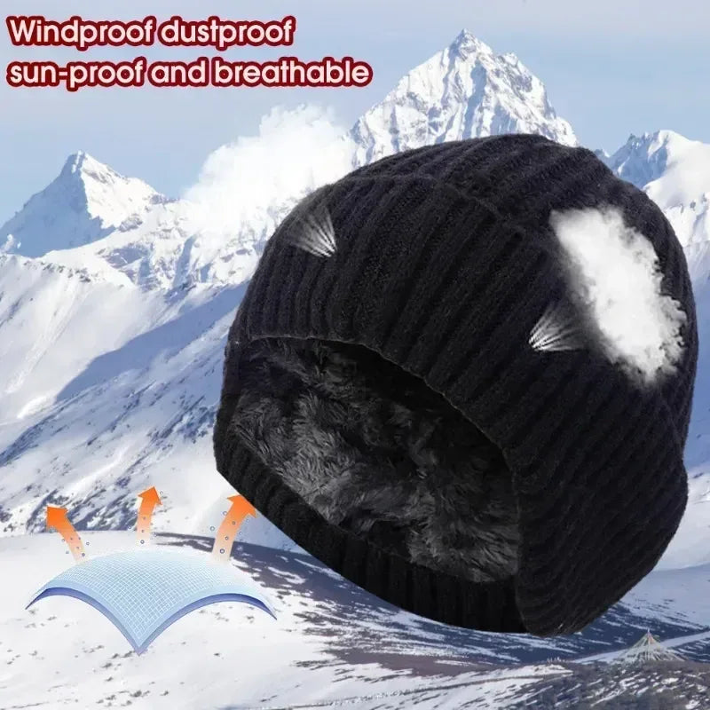 Outdoor Men Winter Knitted Hat Plush Warmth Peaked Cap Earmuff Casual Fashion Faux Fur Lined Bomber Hats Cycling Ear Protection - Zen Fit Plus