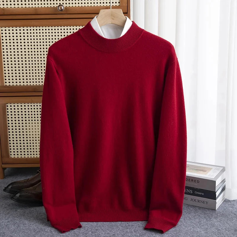 New Fashion Men's 100% Wool Pullover Half-high Collar Sweater Autumn Winter Warm Solid Color Knit Sweater Business Casual Top Zen Fit Plus
