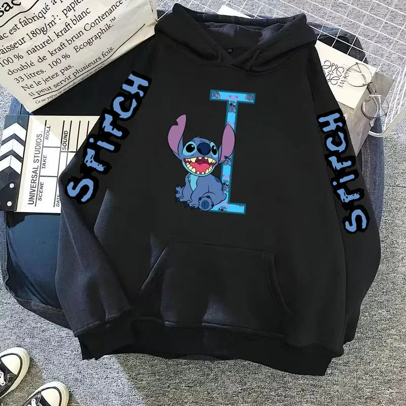 2024 Women's Winter Jacket Cute Kawaii Disney Lilo & Stitch Lucky Letter Print Black Hoodie Fashion Couple Streetwear Sportswear Zen fit plus