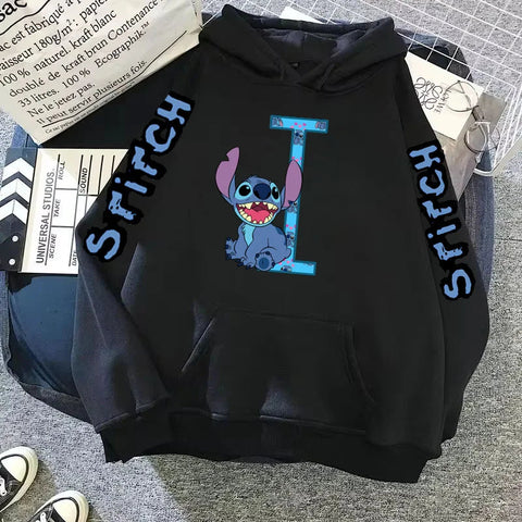 2024 Women's Winter Jacket Cute Kawaii Disney Lilo & Stitch Lucky Letter Print Black Hoodie Fashion Couple Streetwear Sportswear Zen fit plus