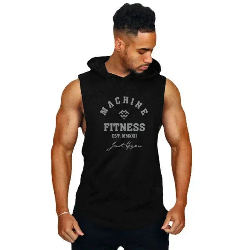 MACHINE FITNESS Mens Gym Hooded Tank Top Cotton Bodybuilding Clothing Summer Muscle Fit Sleeveless Hoodies Shirt Sports Singlets - Zen Fit Plus
