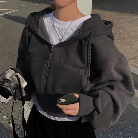 Fashion Zipper Hood Sweatshirt Women Autumn Long Sleeve Crop Tops Casual Y2K Hoodies Streetwear Harajuku Female Jackets Coats Zen fit plus