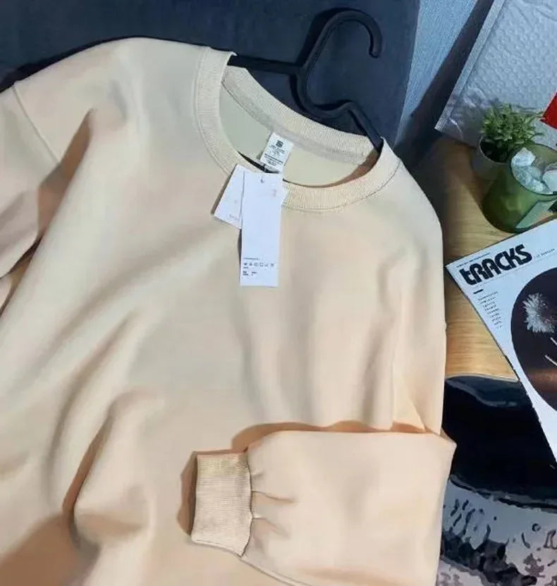 Thickened Fleece Cotton Hoodie Unisex Oversized round Neck Solid Color Couple's Sweatshirt Versatile Autumn Winter New Arrival - Zen Fit Plus