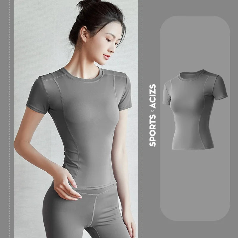 2024 Women's Sports Fitness Clothing Slim Running Sweat Absorbing Skinny Yoga Clothes Quick Drying Clothes Short Sleeved T-shirt Zen fit plus