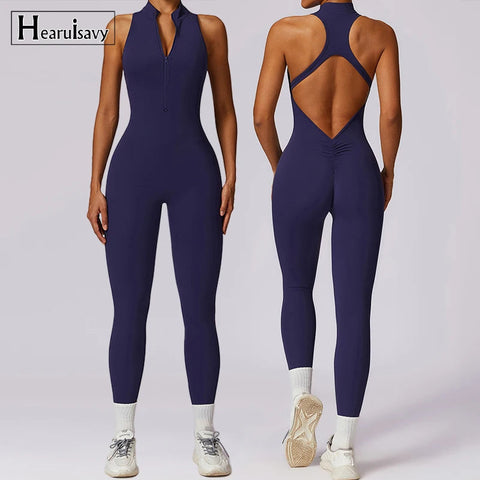 V Back One-piece Suit Women Sports Jumpsuit  Zippers Yoga Rompers Backless Sportswear Women Sleeveles Workout Bodysuits Female Zen fit plus