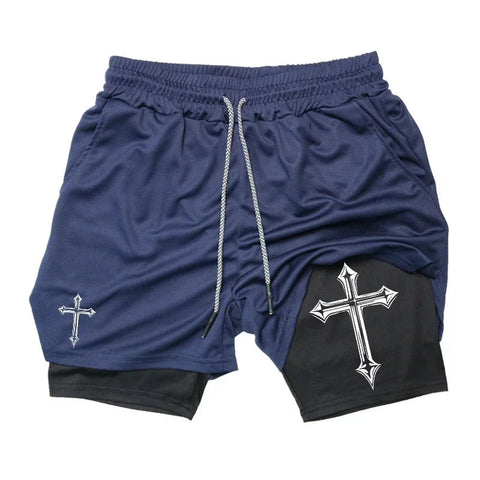 Cross Print 2 in 1 Workout Running Shorts for Men Christian Gym Athletic Shorts with Compression Liner Phone Pocket Towel Loop Zen fit plus