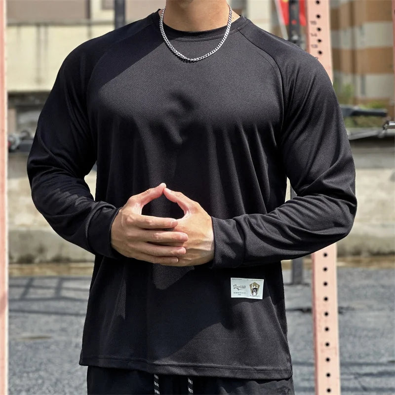 High quality Autumn men long sleeved T-shirt Fashion sport Round Collar  fitness running mesh Breathability Training T-shirt men Zen fit plus
