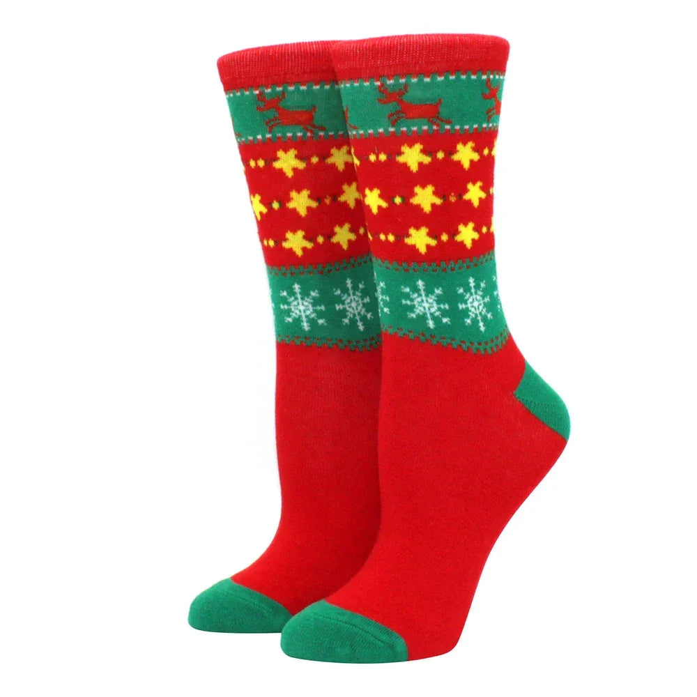 1 pair of Christmas tree, old man and reindeer fashion trend ladies Christmas medium cotton socks - Zen Fit Plus