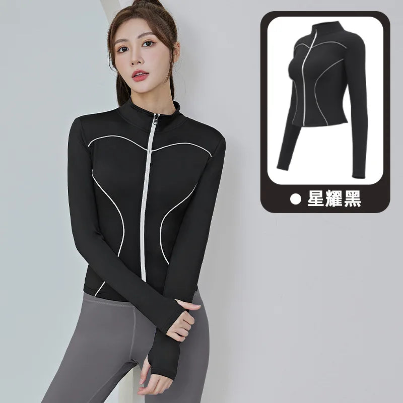 Slim Yoga Reflective Long Sleeved Women Sport Jacket Zipper Gym Fitness Coat Yoga Tops With Thumb Holes Running Cycling Jacket Zen fit plus