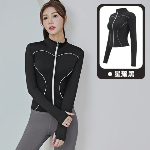 Slim Yoga Reflective Long Sleeved Women Sport Jacket Zipper Gym Fitness Coat Yoga Tops With Thumb Holes Running Cycling Jacket Zen fit plus