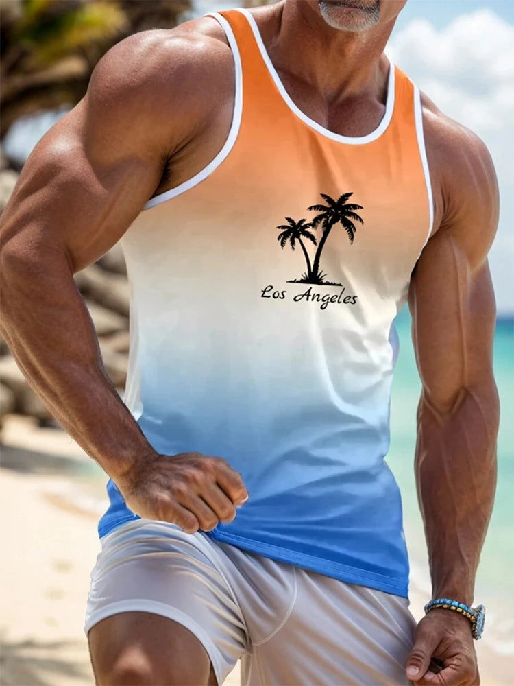 2024 New Summer Casual Men's Sleeveless T-shirt Hawaiian Style Men's Fashion Crew Neck Tank Top Outdoor Beach Men's Tank Top Zen fit plus