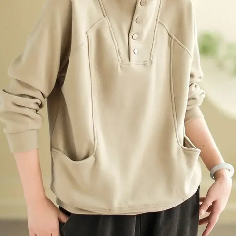 Warm Thermal Sweatshirt Women's Loose Cover-up Design Button Half High Collar Velvet Polyester Full Sleeve Casual Top - Zen Fit Plus