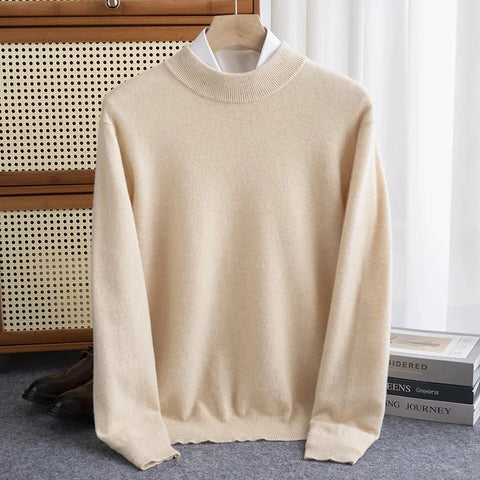 New Fashion Men's 100% Wool Pullover Half-high Collar Sweater Autumn Winter Warm Solid Color Knit Sweater Business Casual Top Zen Fit Plus